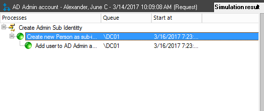 AD Admin account - Alexander, June C - 3/1 4/2017 AM (Request) Simulation rest* Processes Create Admin Sub Identtty Create new.' Paun as subo„ e Add user to AD Admin a OCO Start at 3/16/2017723 