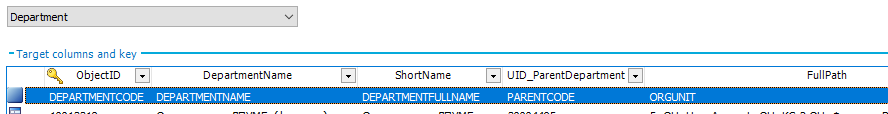 Department -Target columns and key ObjectlD DEPARTMEBITCODE DepartmentName DEPARTMEBITNAME ShortName DEPARTMEBITFULLNAME IJID_ParentDepartment PAREBITCODE FullPath ORGI_INIT 